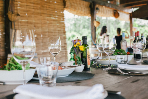 Constanza Miranda Food Wood table Glass Wine VIK Flowers Women Fork Knife Salad Lettuce Oil Pepper Lavender Green Bottle quinoa