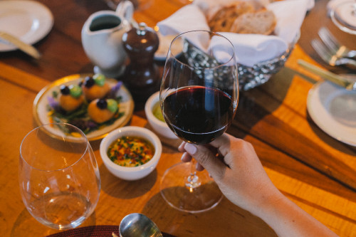 Constanza Miranda Glass  red Wine Woman Hand Pepper Bread Plate Wood Table Food Spoon Fork tasting
