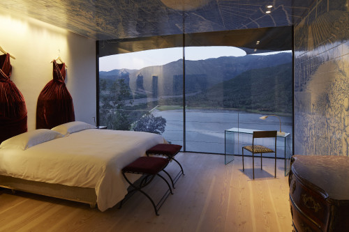 Azulejo Suite window view dress sculpture desk chair lamp reservoir double bed dresser landscape nature mountains VIK Hotel interior rooms lake