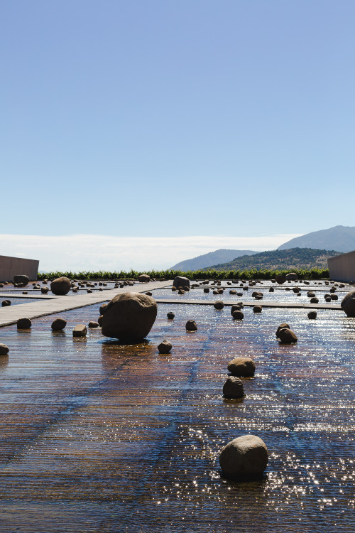 Exterior sloping plaza rocks  footpath water mountains  blue sky crops vine architecture