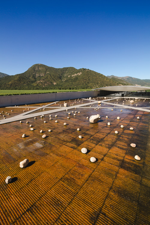 Exterior sloping plaza rocks  footpath water mountains  blue sky crops vine landscape nature architecture