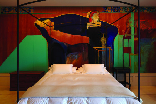 Estancia VIK Jose Ignacio Uruguay room double bed painting  Musso Suite pillows cushions table trunk