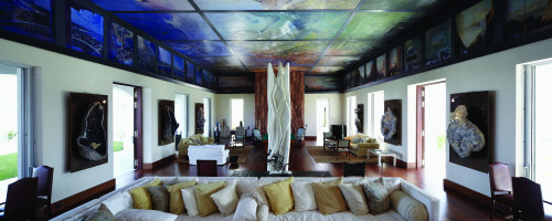 Estancia VIK Jose Ignacio Uruguay living room sofas cushions chairs windows sculpture paintings ceiling pool billiard table pictures white brown statue