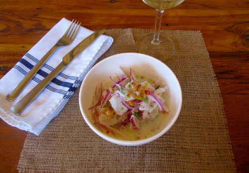 La Susana Restaurant José Ignacio Uruguay Ceviche white fish fork knife napkin food plate glass purple onion corn Robert Welch cutlery