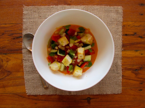 La Susana Restaurant José Ignacio Uruguay  plate food salad gazpacho spoon 
croutons