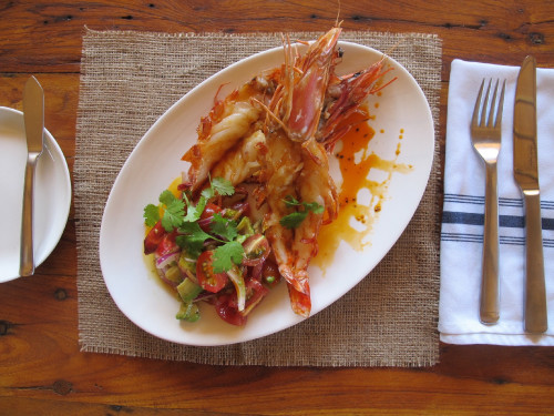La Susana Restaurant José Ignacio Uruguay prawn salad avocado shrimps plate fork knife napkin parsley onion tomato