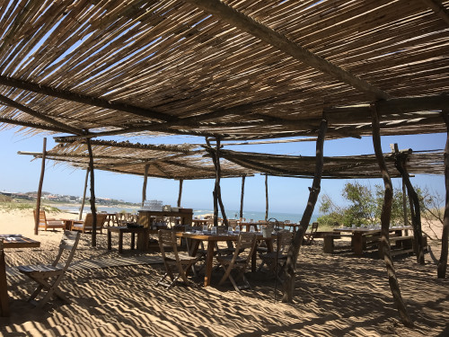 La Susana Restaurant José Ignacio Uruguay exterior sand  beach sea water blue sky bush chair setting table glass  napkin shadow plates ice bucket dining room