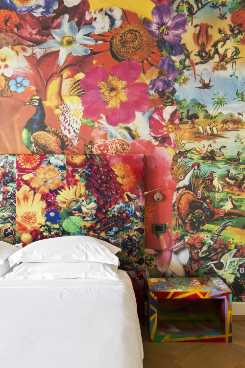 Galleria VIK Milano Italy Grand Gallery Rooms 407 Cardena bedroom double bed headboard pillows night table lamps paintings colors birds flowers