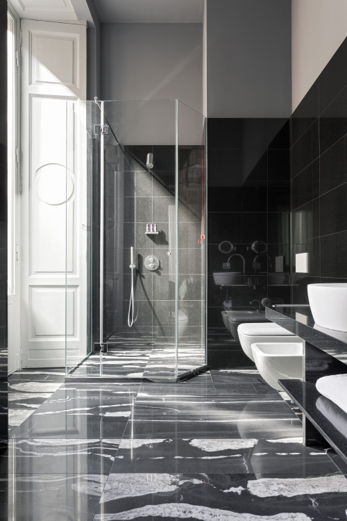 Galleria VIK Milano Italy Suites Deluxe Gallery Rooms 203 Gonella 
bathroom shoer sink towels black white door