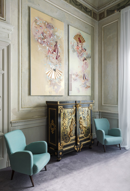 Galleria VIK Milano Italy Palace Rooms Suites 206 Elena Monzo  curtains paintings bedroom sofas furniture