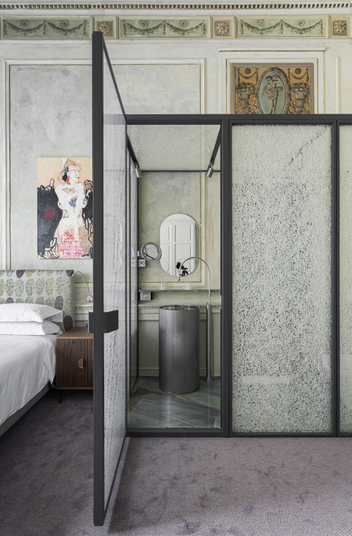 Galleria VIK Milano Italy Palace Rooms Suites 206 Elena Monzo double bed night table pillows  paintings bedroom bathroom