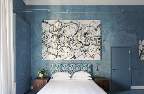 Galleria VIK Milano Italy Palace Rooms Suites 209 Vicky B furniture bedroom 
double bed door headboard lamps books pillows curtains  paintings flowers