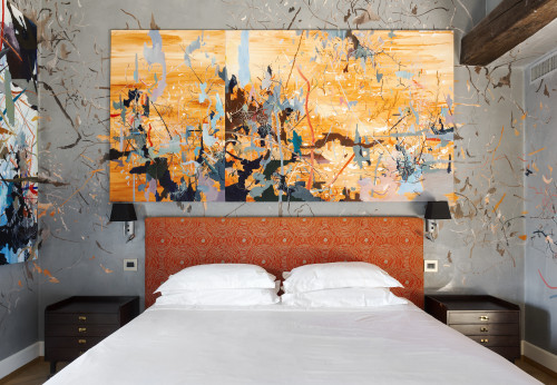 Galleria VIK Milano Italy Suites Grand Terrace Room 502 Rita paintings bedroom headboard pillows night table lamps furniture double bed