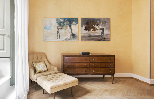 Galleria VIK Milano Italy Suites Deluxe Gallery Rooms 324 Monnini armchair furniture curtain cushion chest of drawers books footstool