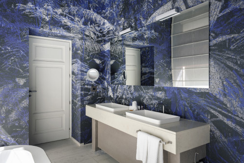 Galleria VIK Milano Italy Suites Grand Terrace Room 502 Rita bathroom sink towels blue mirror door