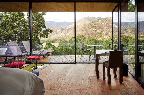 Puro VIK Chile Casas Holograph bedroom  lamp carpet chair desk window view mountains table Lounging chairs nature trees terrace armchair waste paper bin interior