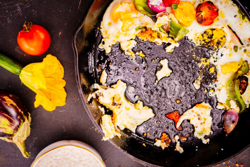 skillet  vegetables eggs flower eggplant tomato food