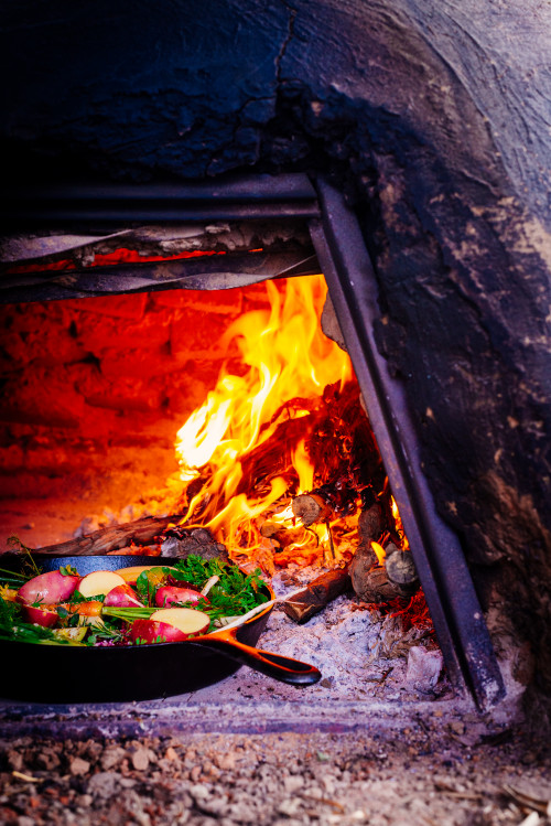 clay oven skillet flame firewood fire vegetables potato carrots beet onion rosemary food