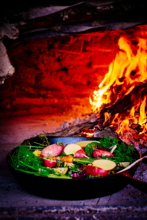 clay oven skillet flame firewood fire vegetables potato carrots beet onion rosemary food