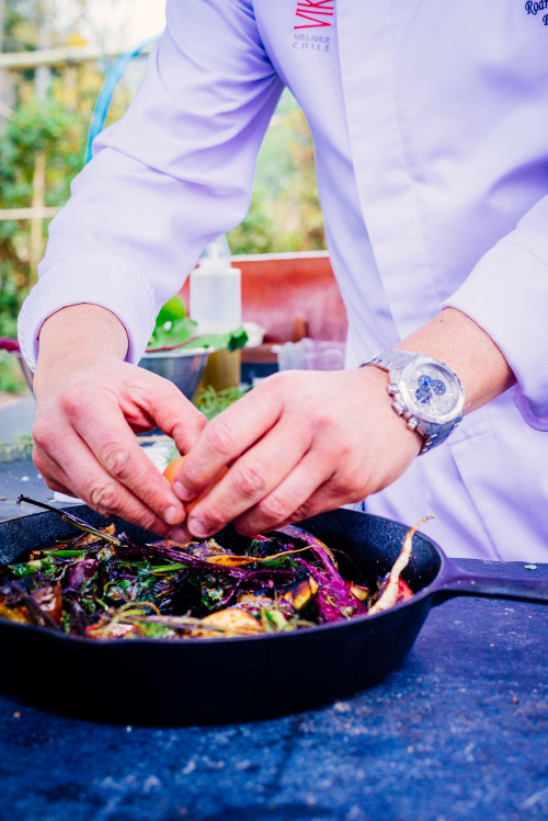 skillet vegetables egg hand man watch chef orchard VIK food