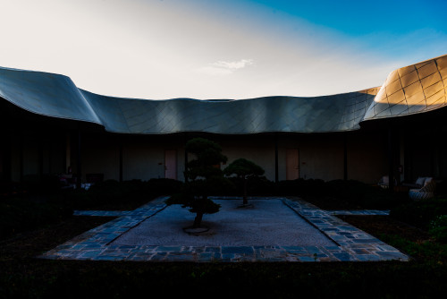 VIK Hotel  Zen Garden  exterior flowers Karesansui courtyard sunset sky clouds