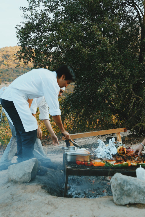 vegetables  barbecue fire embers pepper men chef mountains rocks bush