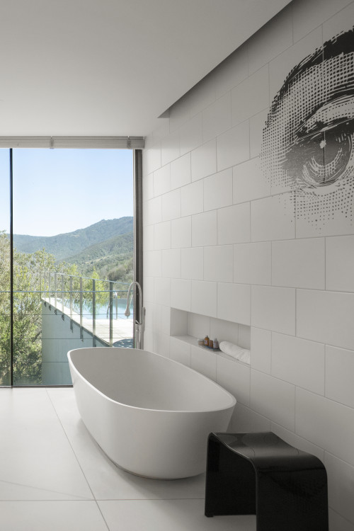 Interior VIK Hotel Rooms window view lamp nature mountains Guest Suite Master Chile bathroom tub Juan Pablo Jaramillo towels eye white swimming pool