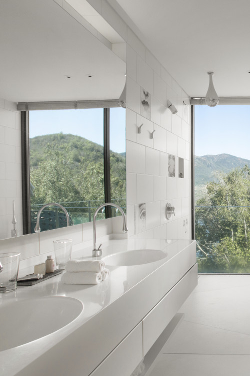 Interior VIK Hotel Rooms window view lamp nature mountains Guest Suite Master Chile bathroom tub mirror Juan Pablo Jaramillo sink towels white glass