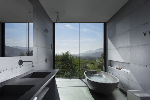 Interior VIK Hotel Rooms window view lamp Gabler's Grisaille landscape mountains Guest Suite Chile bathroom tub mirror Juan Pablo Jaramillo sink Chile