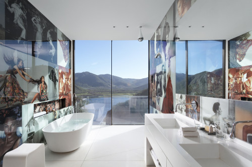 Interior VIK Hotel Rooms window view lamp  landscape mountains Guest Suite  Master Hermes Chile bathroom tub mirror Juan Pablo Jaramillo sink Photographs towel glass lake reservoir