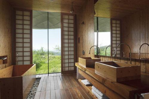 Interior VIK Hotel Rooms window view lamp nature Guest Suite Master Shogun Chile bathroom tub mirror Juan Pablo Jaramillo sink towels wood Chile