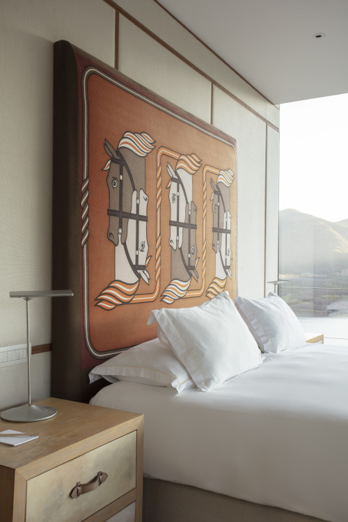 Master Guest Suite Hotel VIK Chile interior bedroom window view mountains valley lamps night table double bed headboard pillows Hermes Juan Pablo Jaramillo