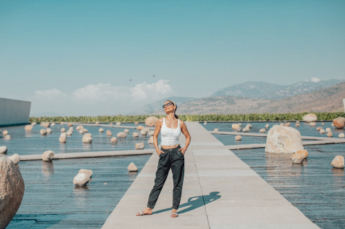 Carmen Cabezas Leonor Varela 2022 Hotel Chile  landscape blue sky
sloping plaza rocks water